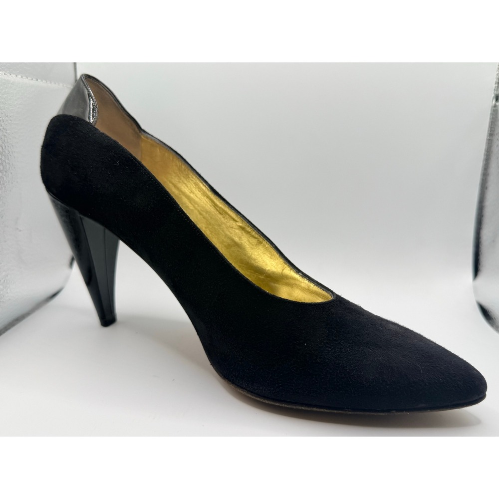 Walter Steiger Black Suede Pointed Toe Pumps Patent Cone Heel Italy 8.5 AA